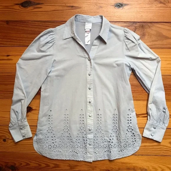 Madeleine Light Blue Cotton Eyelet Button Down Top, EUC, 6 - Picture 3 of 13